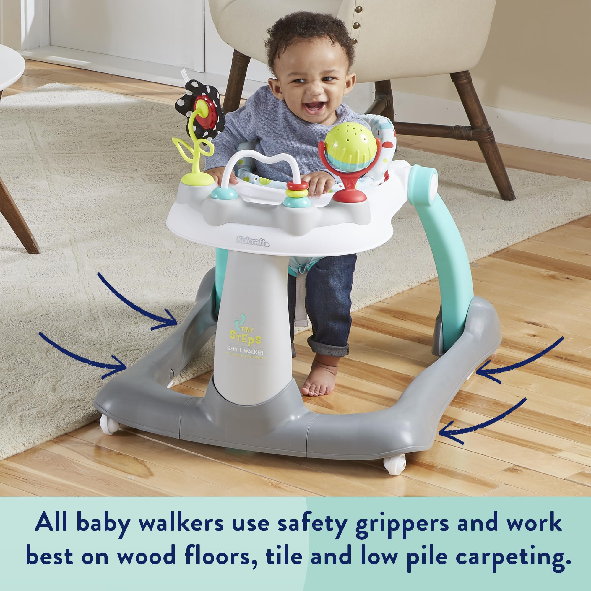 Kolcraft Tiny Steps 2 in 1 Foldable Infant and Baby Walker with Wheels, Seated or Walk Behind Activity Center, Entertaining Developmental Activities for Boys and Girls, Wide Base Sturdy Frame, Bubbles