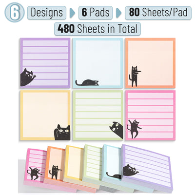 Mr. Pen- Black Cat Sticky Notes Set, 3" x 3", 6 Pads, 480 Sheets, Black Cat Sticky Notes, Memo Pads, Self-Stick Note Pad for Office, School, Home, Study & Organization