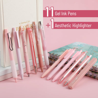 Mr. Pen- Pink Gel Pens Set, 12 Pack, Black Ink Cute Writing Pens with 1 Aesthetic Highlighter, 0.5 mm Fine Point, Smooth Gel Pens for Journaling, Aesthetic Girly Stationery, School & Office Supplies