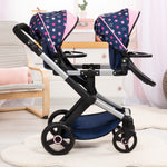Bayer Design Dolls: Xeo Twin Pram: Stars Navy & Pink - Matching Handbag, Adjustable Handle, Dolls Up to 20", Ages 3+