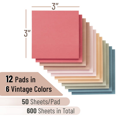 Mr. Pen- Sticky Notes, 3"x3", 12 Pads, 600 Sheets, Vintage Colors, Sticky Notes Bulk, Self-Stick Note Pads, Perfect for Office, School, Home, Study & Organization