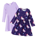 PATPAT Toddler Girl 2-Pack Long Sleeve A-line Dress Set Birthday & Magical Moments, Lavender Unicorn, 4-5 Years