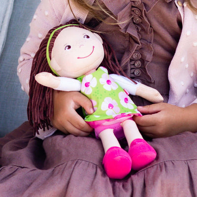 HABA Coco 12" Soft Baby Doll with Brown Hair, Embroidered Face, Removable Green Dress, Matching Headband - Machine Washable Toddler Doll - 18 Months+