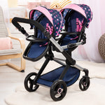 Bayer Design Dolls: Xeo Twin Pram: Stars Navy & Pink - Matching Handbag, Adjustable Handle, Dolls Up to 20", Ages 3+