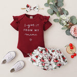 Mioglrie Newborn Baby Girl Clothes Romper Shorts Set Summer Clothes Floral Infant Girl Clothes Ruffle Clothing Wine Red Baby Girl Clothes 3-6 Months