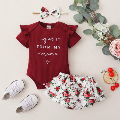 Mioglrie Newborn Baby Girl Clothes Romper Shorts Set Summer Clothes Floral Infant Girl Clothes Ruffle Clothing Wine Red Baby Girl Clothes 3-6 Months
