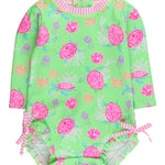 RuffleButts Baby Girls UPF 50+ Sun Protection Novelty Print Long Sleeve One Piece Rash Guard Swimsuit with Zipper - Neon Turtle Tide, 2T