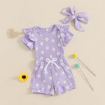 FOCUSNORM Newborn Infant Baby Girls Summer Outfit Ribbed Short Sleeve Romper + Floral Elastic Waist Shorts + Headband Sets (Flower Purple, 0-3 Months)