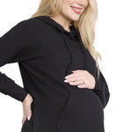 Motherhood Maternity Women's Long Sleeve Fleece Tunic Pullover Pregnancy Hoodie with Side Slits and Kangaroo Pocket, Black, Small
