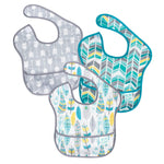 Three baby bibs with different patterns on a white background