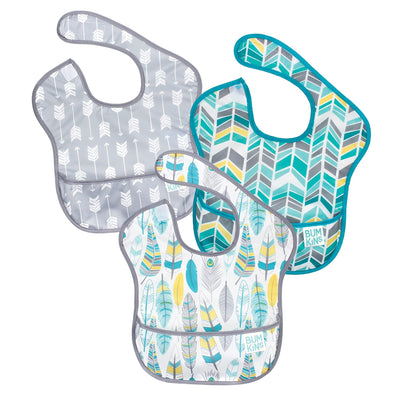 Three baby bibs with different patterns on a white background