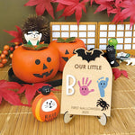 Halloween Baby Footprint Kit Wood Newborn Handprint Sign with Base Baby's First DIY Halloween Keepsake Our Little Boo Board for Baby Boy Gifts (A)