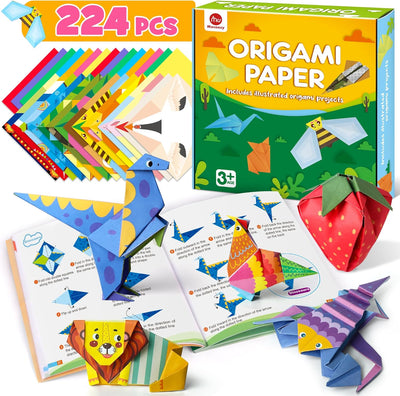 Mocoosy 224 Sheets Origami Paper Kit for Kids Ages 8-12, Color Folding Paper Set with Origami Book, Art Craft Supplies for Boys Girls 5-8 9-12, Travel Game Airplane Car Road Trip Activities Toy Gifts