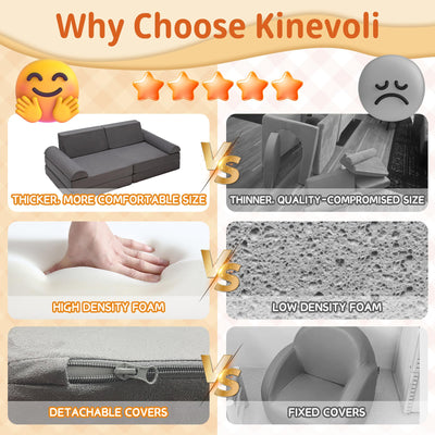 Kinevoli 8pcs Modular Kids Couch, Toddler Play Sofa for Playroom Bedroom, Convertible Foam and Floor Cushion for Boys & Girls, Gray