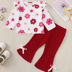 Kucnuzki Toddler Girl Clothes Long Sleeve Round Neck Tops Ruffle Floral Shirts Solid Color Bell Bottom Pants For Baby Girl Clothes 18-24 Months 2 Piece Outfit