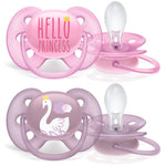 Philips AVENT Ultra Soft Pacifier, 6-18 Months, Hello Princess & Swan Designs, 4 Pack, SCF223/42, Pink