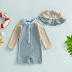 Nibbcoa Toddler Baby Boys Seersucker Long Sleeve One Piece Rash Guard Swimsuit Zipper Bathing Suit Swimwear with Hat (Khaki Blue, 12-18 Months)