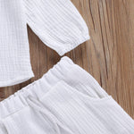 KtwHarnu Toddler Baby Boy Girl Clothes Cotton Linen Long Sleeve Button Pullover Tops Drawstring Pants Set Casual Outfit (White, 2-3 Years)