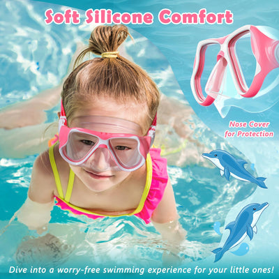 Freela 2 Pack Swim Goggles Kids Swimming Goggles for Kids 6-14 3-6 4-7 8-12 with Nose Cover Anti Fog 180° Clear View Water Pool Goggles Mask Childrens Girls Boys Toddler 4 5 6 7 Years