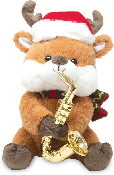 Plush reindeer toy with a saxophone, Santa hat, and Christmas scarf on a white background