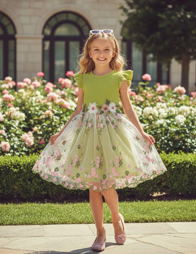 PATPAT Girl's Tulle Dress Tutu Party Birthday Poster Formal Fancy Flower Princess Dresses Green 6-7 Years