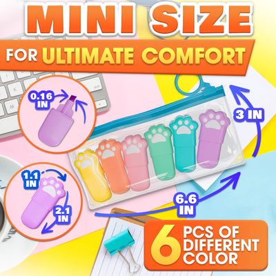 6-Pack Cute Highlighters Pastel Set – Mini Highlighters Bulk for College, Office, Note-Taking and Planning – Quick-Dry Ink, Mixed Colors Cat Markers for Planners, Study Notes and Color Coding