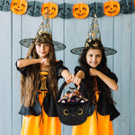 Halloween Basket, Black Cat Plush Halloween Baskets for Kids, Trick or Treat Bucket, Black Cat with Witch Hat Decor, Gift Candy Bucket with Handle for Halloween Party Home Decoration Bins