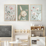 3Pcs Nursery Bunny Wall Art Cute Rabbit Botanical Flowers Wall Decor Green Nursery Pictures Posters Girl Bedroom Canvas Prints for Girls Room Baby Room Paintings Unframed