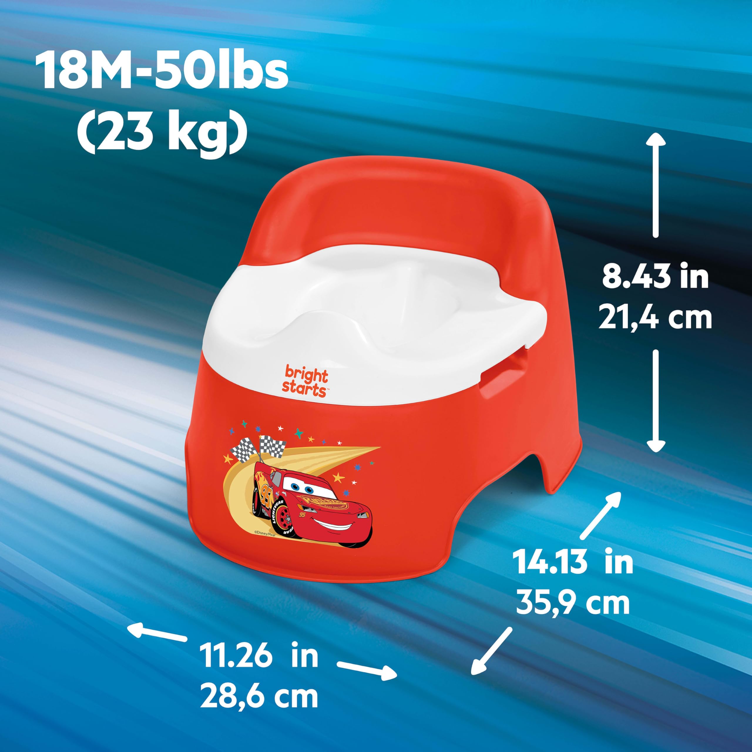 Bright Starts Disney and Pixar Cars Full Comfort Potty Training Toilet, Easy Clean Removable Bowl, Splash Guard, High Back for Comfort & Stability, Toddlers up to 50 lbs