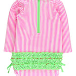 RuffleButts Baby/Toddler Girls Seersucker Long Sleeve One Piece Rash Guard Swimsuit with UPF 50+ Sun Protection - Neon Pink Seersucker, 2T