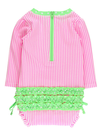 RuffleButts Baby/Toddler Girls Seersucker Long Sleeve One Piece Rash Guard Swimsuit with UPF 50+ Sun Protection - Neon Pink Seersucker, 2T