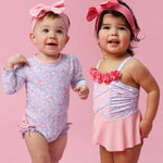 RuffleButts Baby Girls UPF 50+ Sun Protection Floral Printed Long Sleeve One Piece Rash Guard Swimsuit with Zipper - Lavender Floral Princess, 3-6 Months