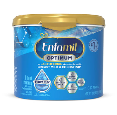 Enfamil Optimum infant formula container with blue label and gold lid on a white background