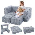 MeMoreCool Dinosaur Glow Foam Kids Play Couch Set, Gray Modular Sofa & Lounger – Glow-After-Light Dinosaur Pattern, Machine-Washable Cover