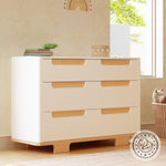 Babyletto Yuzu 6-Drawer Dresser with Over 10-Inch Drawer Extension in White and Natural, Greenguard Gold Certified