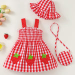 Renotemy Baby Girl Dress 12-18 Month Girls Clothes Summer Outfits Boho Beach Birthday Party Dresses Baby Clothes for 1 Year Old Girl Gifts Red Strawberry Smocked Cotton Sundress with Hat and Bag