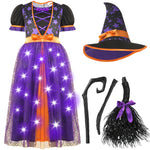 Spooktacular Creations Light Up Witch Costume for Toddler Girls, Child Fairy Tale Witch Outfit Set with Broom and Hat for Kids Halloween Dress Up Parties, Purple, 3T