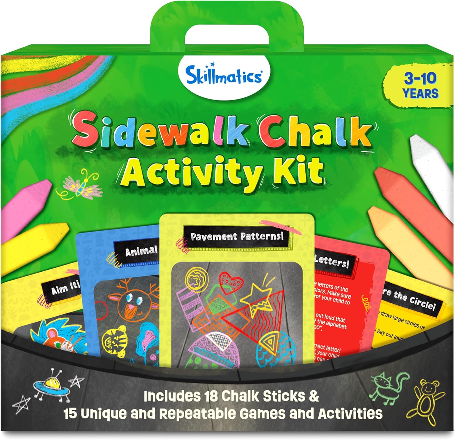 Skillmatics Sidewalk Chalk Activity Kit - Creative Outdoor Fun with 18 Washable Chalk Sticks, 15 Activities & Games for Kids, Gifts for Boys & Girls Ages 3, 4, 5, 6, 7, 8, 9, 10