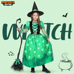 Spooktacular Creations Girls Witch Costume, Light up Witch Costume Kids, Starry Dress with Broom Belt Hat for Child Halloween Role Play Parties, S