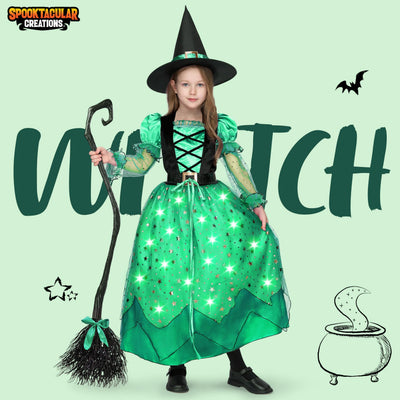 Spooktacular Creations Girls Witch Costume, Light up Witch Costume Kids, Starry Dress with Broom Belt Hat for Child Halloween Role Play Parties, S