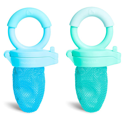 Two blue and turquoise baby pacifiers on a white background