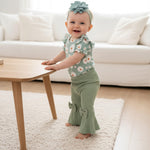 Vibebox Baby Girl Clothes 3-6 Months Summer Short Sleeve Outfits Spring Coming Home Clothing Infant Girls 6 Months Green Daisy Ruffle Romper Tops Bell Bottoms Pants Bow Sets with Floral Headband