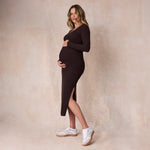 Motherhood Maternity Women's Long Sleeve Ribbed Square Neck Bodycon Casual Pregnancy Dress, Chocolate Tort, Small