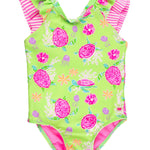 RuffleButts Girls UPF50+ Sun Protection Ruffle V-Back One Piece Swimsuit - Neon Turtle Tide, 2T