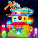 Funwee 2-in-1 Ball & Racing Car Ramp Toy for Toddlers, Race Track Hammer Rolling Lights Ball Drop, Interactive Montessori Learning Game Birthday Gift Idea for Kids 2 3 4 5+Year Old Girl Boy(Yellow)