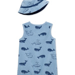 Little Me Clothes for Baby Boys' Whales Romper with Hat, Blue Bell/True Navy, 12 Months