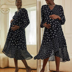 Motherhood Maternity Women’s Long Sleeve Wrap Flounce Midi Pregnancy Dress, Mixed Dot, Small