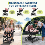 Side by Side Double Stroller for Twins, Lightweight Compact Foldable Baby Travel Stroller with High Landscape Seat, Adjustable Canopy & Recline for Infant and Toddler, Pink