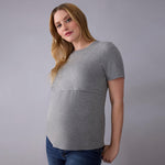 Motherhood Maternity Women's Short Sleeve Crew Neck Nursing Tee Shirt for Breastfeeding with Easy Access, Heather Grey, Small