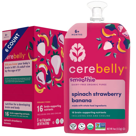 Cerebelly spinach strawberry banana smoothie packaging on a white background